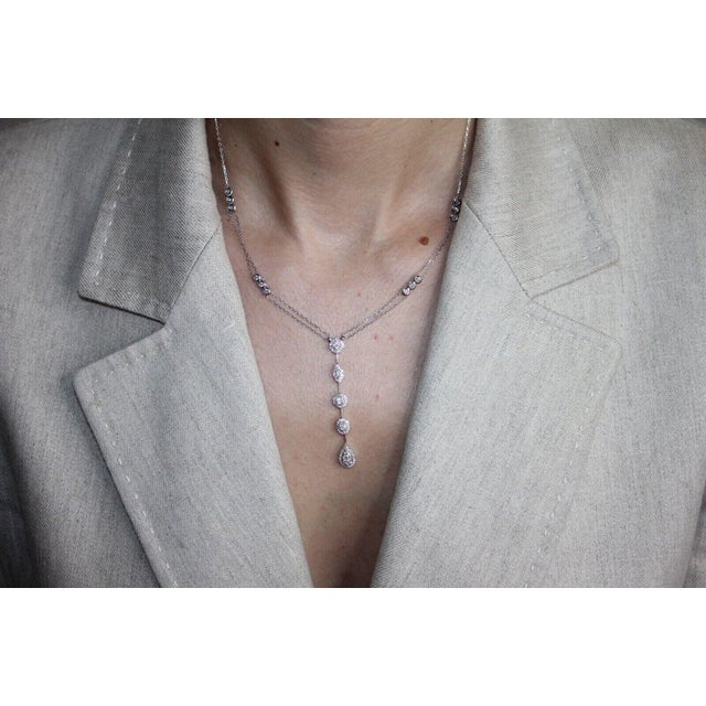 Blue Multi Shape Halo Pave Diamond 18 Karat White Gold Pendant Drop Lariat Necklace For Sale - Image 8 of 9