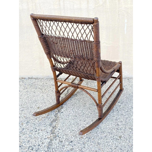 Antique Victorian Wicker and Rattan Wooden Small Rocking Chair Rocker For Sale - Image 10 of 12
