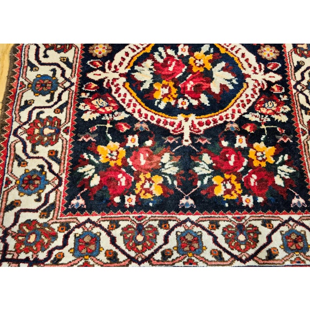 Vintage Persian Bakhtiari Wide Runner, Handwoven Wool, Floral Bouquet Design, Navy & Red, 4x13 For Sale - Image 17 of 17