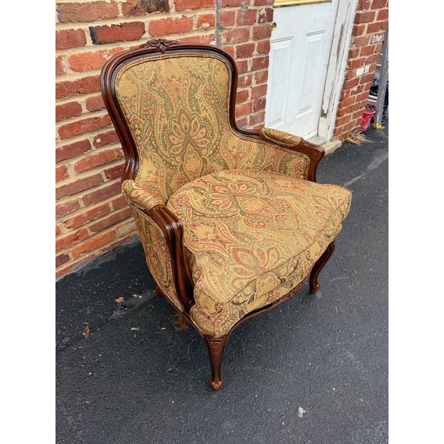 Wood Vintage Louis XV Style Armchairs: Floral Upholstered Bergeres For Sale - Image 7 of 16