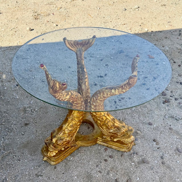 Fabulous gold colored metal Koi fish dining table base with large 36" beveled glass top. Beautiful table base with lots of...
