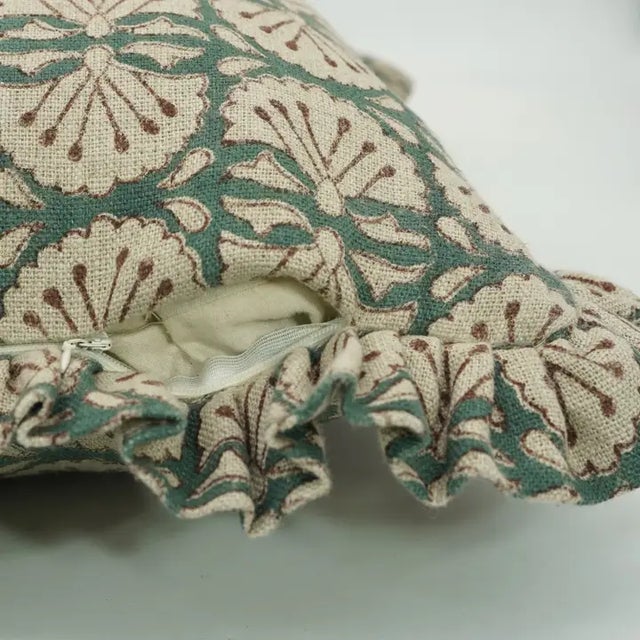 Fabdivine Handmade Block Printed Frill Cushion Cover Green 18x18 Inch Thick Linen- Bejhni For Sale - Image 4 of 5