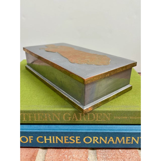 Dark Gray Vintage Chinese Rectangular Mixed Metal Box With Figure For Sale - Image 8 of 11