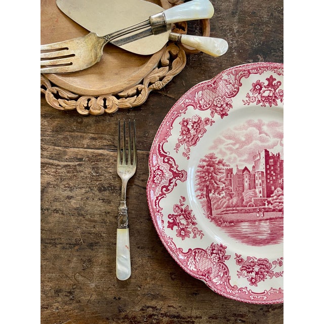 Pink Vintage English Pink Transferware Dinner Plates in Old Britain Castles - Set of 7 For Sale - Image 8 of 12