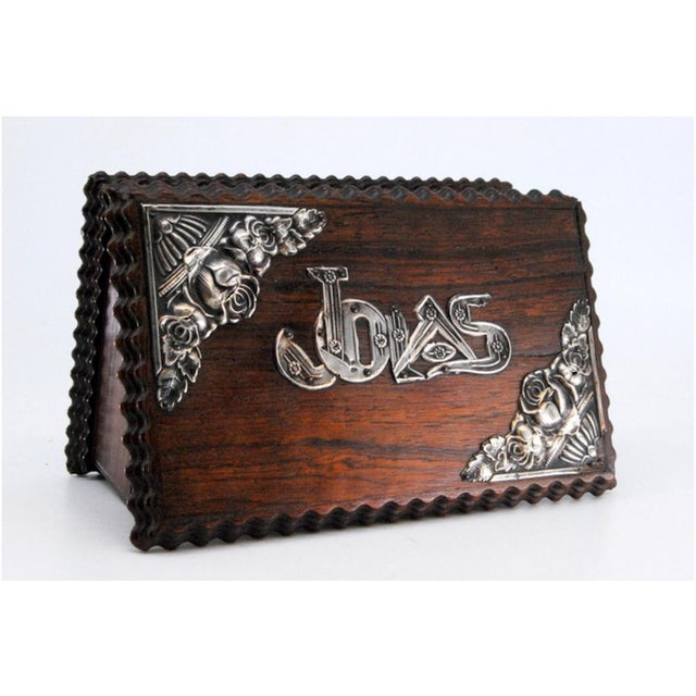 Wooden Jewelry Box with Silver Applications on the Lid and the Words Jewels. For Sale - Image 4 of 10