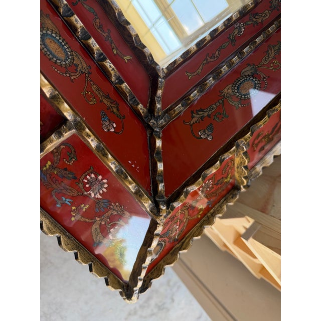Mid 20th Century Large Vintage Peruvian Reverse-Painted Red Glass Mirror Gilt Hand-Carved Wood Frame Spanish Colonial Style For Sale - Image 5 of 9