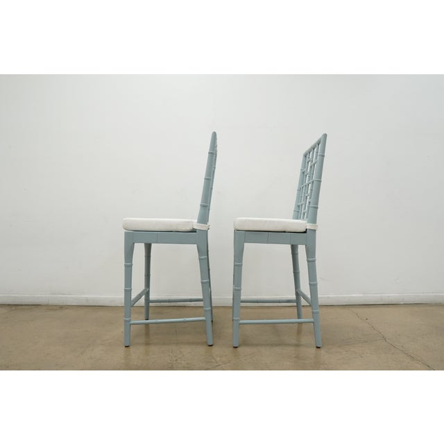 Blue Faux Bamboo Chippendale Bar Stools (Set of 4) For Sale - Image 8 of 18
