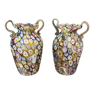 Fratelli Toso Murano Millefiori Double Handled Glass Vases- A Pair For Sale