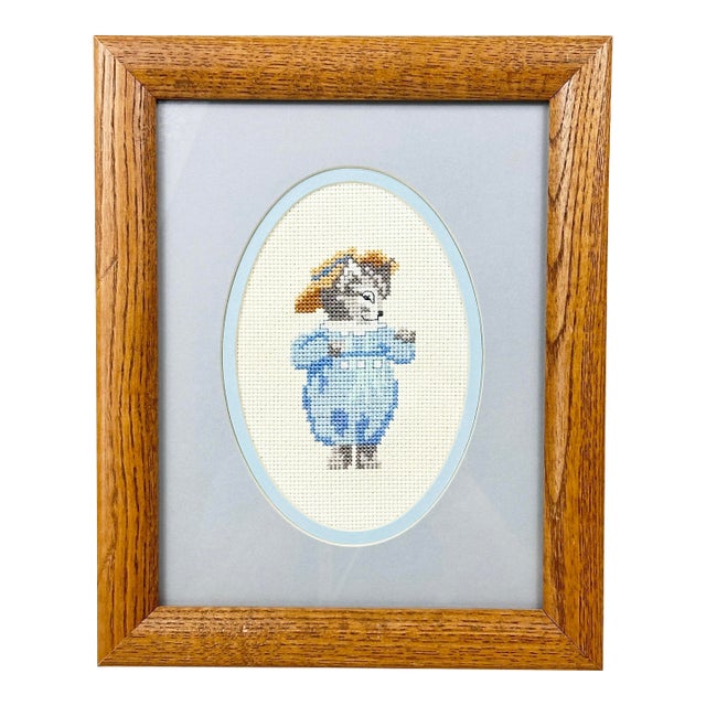 Vintage Framed Hand Done Beatrix Potter Cross Stitch Nursery Art For Sale