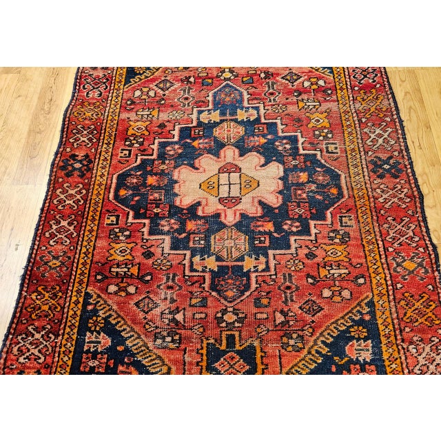 Vintage Persian Malayer Area Rug, Hand-Knotted Wool, Geometric Tribal Pattern, 4x6, Red & Blue For Sale - Image 10 of 16