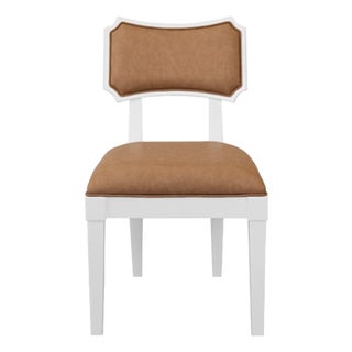 Matthew Izzo Home Hayden Camel Faux Leather Matte White Lacquer Bow Back Dining Chair For Sale
