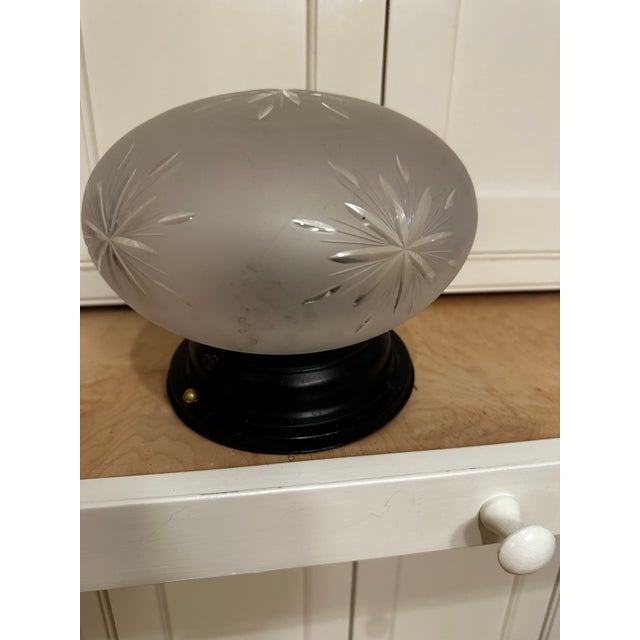 Vintage Frosted Star Cut Shade With Vintage Dark Metal Flush Mount Fixture For Sale - Image 4 of 6
