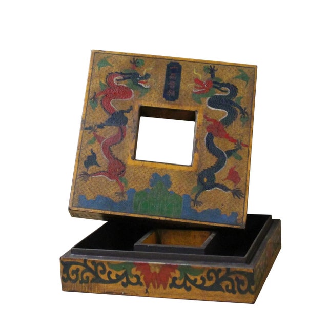 2010s Chinese Distressed Yellow Dragon Graphic Square Shape Box For Sale - Image 5 of 8