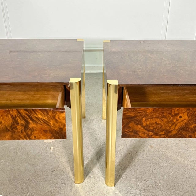 Brown 70's Regency Burl and Brass Century Side Tables - A Pair For Sale - Image 8 of 9