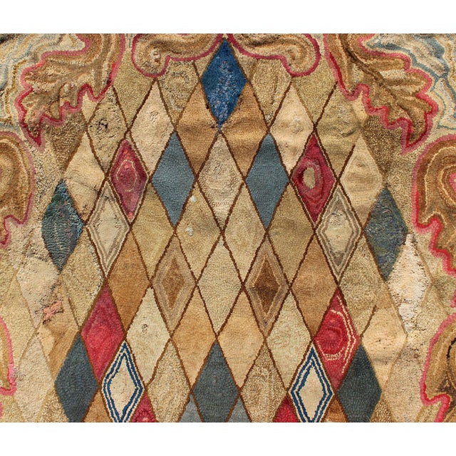 Colorful 19th Century Antique American Hooked Rug With Diamond Design 4'1 X 8'8 For Sale - Image 10 of 11