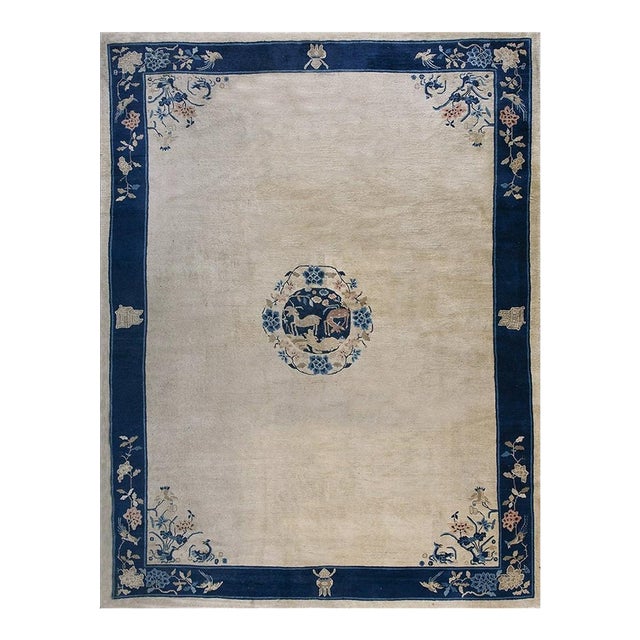 1920s Beige Traditional Chinese Floral Symbolism Antique Peking Carpet Rug For Sale