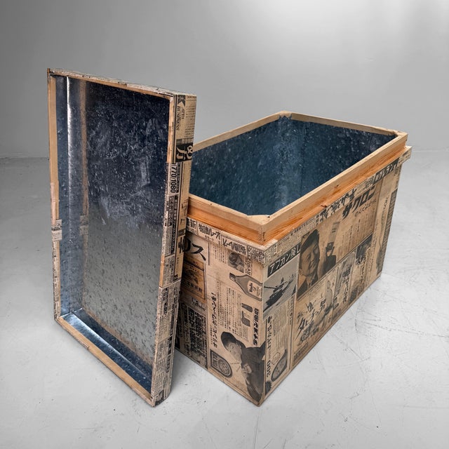 Japanese Tea Chest with Newspaper Paper and Advertisements, 1960s For Sale - Image 10 of 14