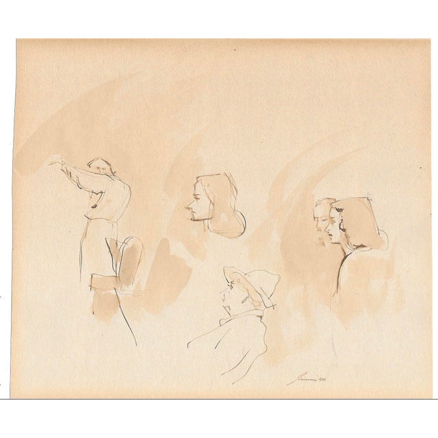1940 watercolor of several figure in profile. Signed illegibly and dated 1940 lower right. Combined shipping available -...