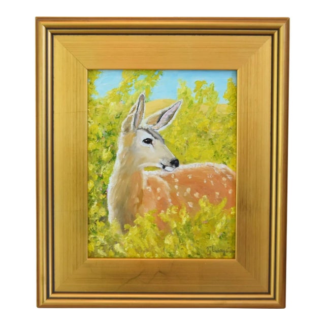 Fawn Deer Wildlife Nature Portrait Landscape Oil Painting Including the Antiqued Gold Wood Frame For Sale