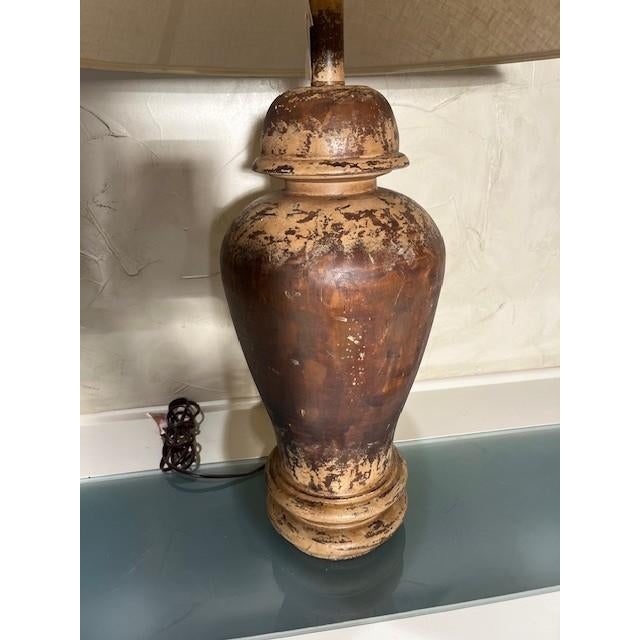 1 Guildmaster Rustic Turned Wood Lamp, Urn Shaped with Distressed Brown and Tan Paint Finish, Hard Linen Shade, Wooden...
