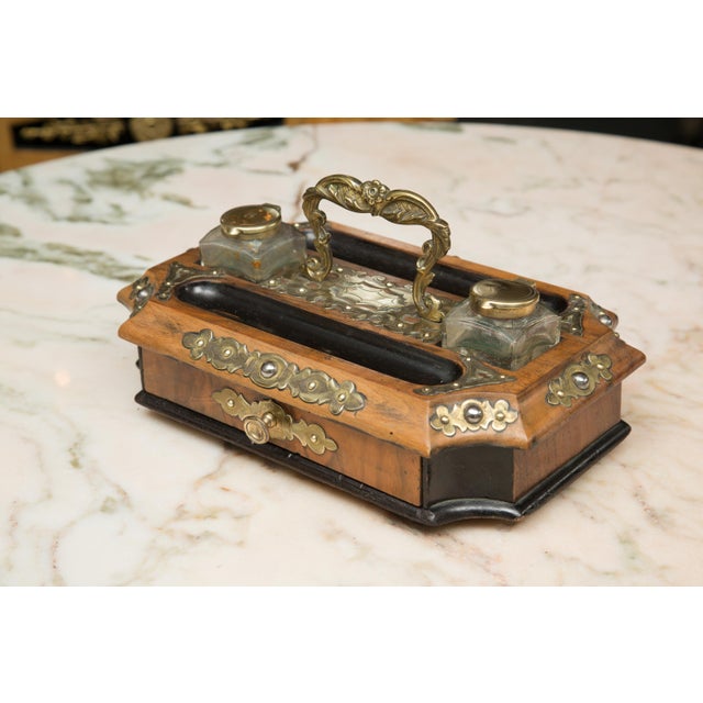 Mid 19th Century Brass, Walnut and Ebonized Double Inkwell Set For Sale - Image 4 of 7