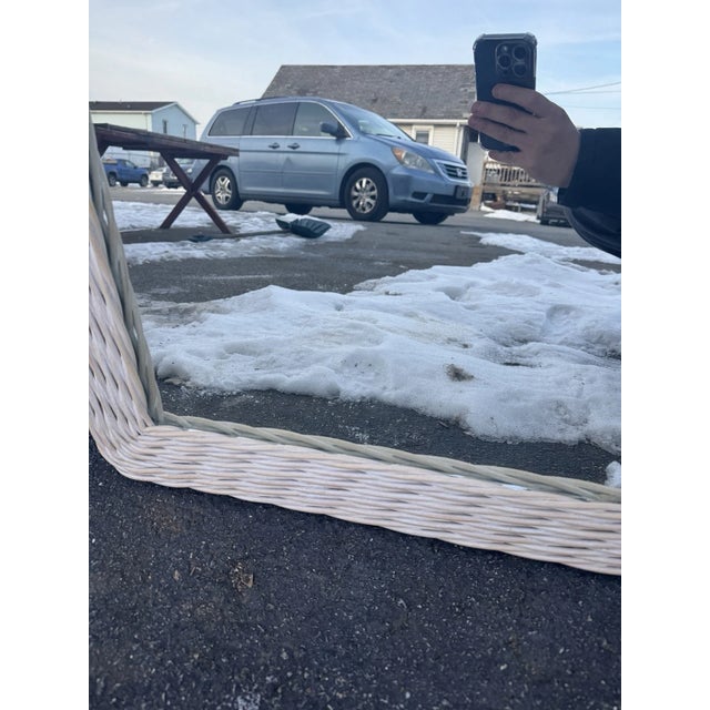 White Woven Rattan Wall Mirror Rustic Coastal Farmhouse Decor For Sale - Image 14 of 14