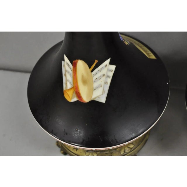 Antique French Neoclassical Bronze & Black Porcelain Painted Table Lamps - Pair For Sale - Image 11 of 15