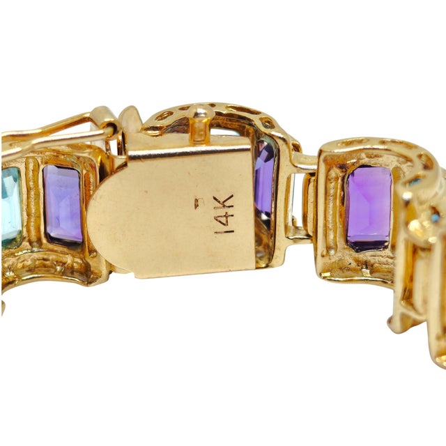 Vintage 14k Gold Scalloped Blue Topaz and Amethyst Bracelet For Sale - Image 9 of 10