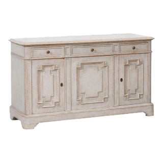 Swedish Gustavian Style 1890s Painted Sideboard with Carved Geometric Motifs For Sale