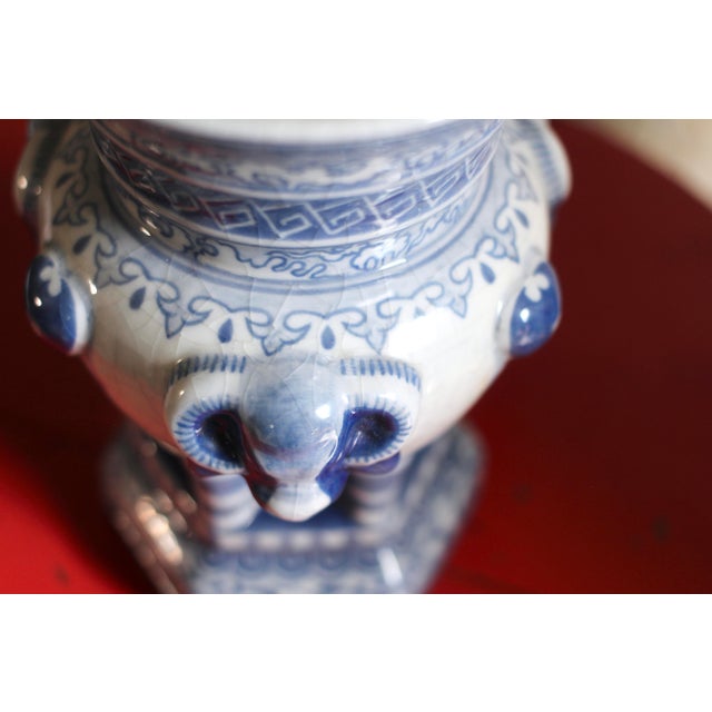 Ceramic 1970s Frederick Cooper Blue and White Ram Vase For Sale - Image 7 of 10