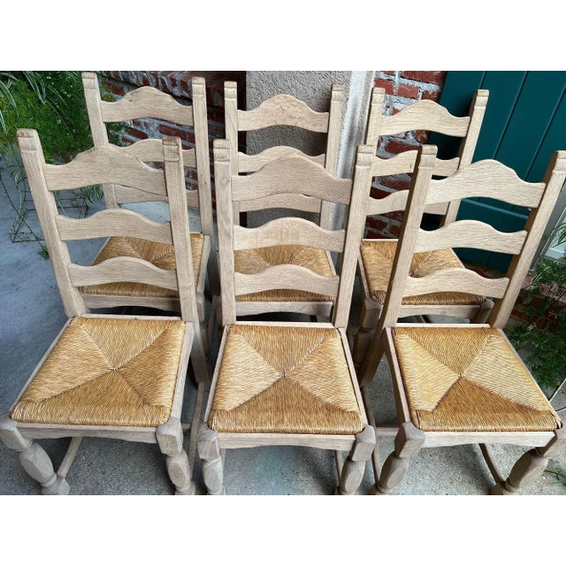 Set 6 Vintage French Ladder Back Dining Chairs Rush Seat Bleached Oak Farmhouse For Sale In Dallas - Image 6 of 18