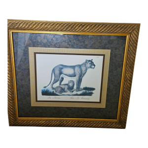 Large 1980s Decorative Print of a Mother Lion and Cub in an Impressive Gold Frame