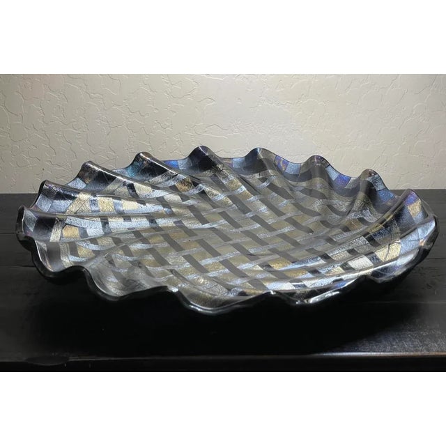 Glass Large 18” Fused Dichroic Glass Metallic Basket Weave Wave Form Centerpiece Tray For Sale - Image 7 of 12