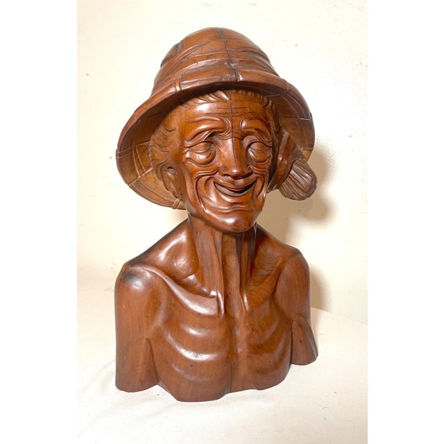Antique 1800's Hand Carved Wooden Japanese Elder Old Man Bust Sculpture Statue For Sale - Image 4 of 12