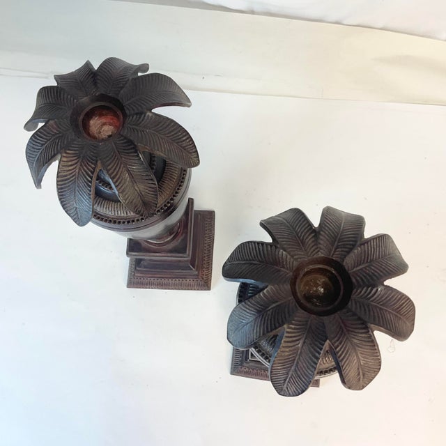 1970s Vintage Coastal Neoclassical Palm Tree Urn Tole Alter Candle Holders - a Pair For Sale - Image 11 of 12