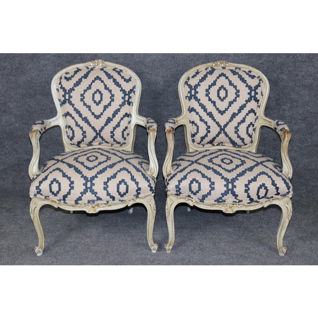 French 19th C Pair Louis XV French Paint Decorated Style Distressed Painted Armchairs For Sale - Image 3 of 13