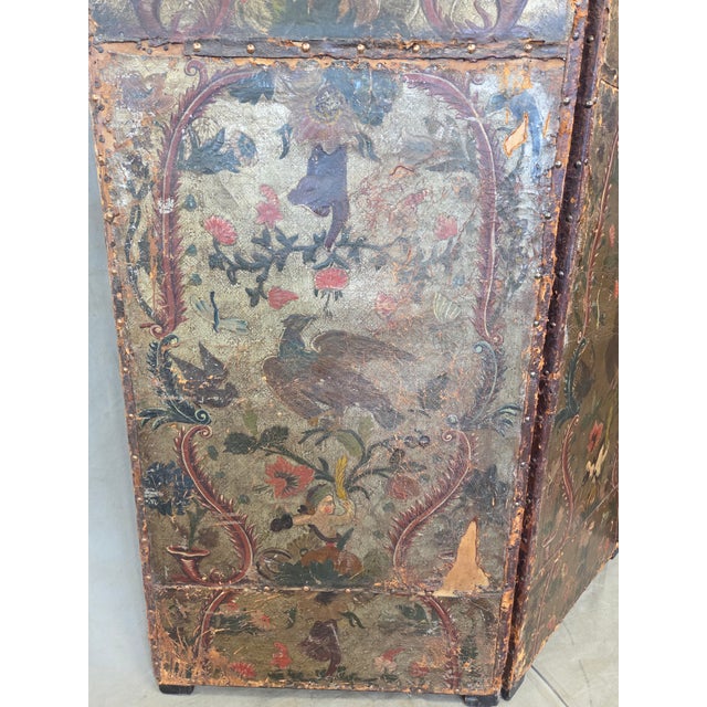 Antique 19th Century Painted Leather Folding Screen For Sale - Image 9 of 18