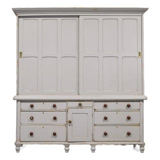 Massive Antique English Painted Pine Housekeeper’s Cupboard Sliding Doors - Circa 1880 For Sale