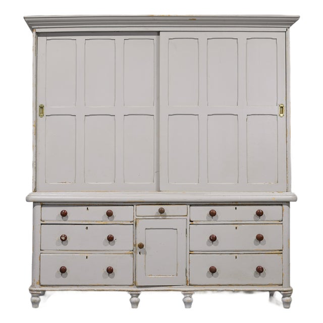 Massive Antique English Painted Pine Housekeeper’s Cupboard Sliding Doors - Circa 1880 For Sale