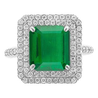4 Carat Emerald Cut Colombian Emerald and Diamond Platinum Ring Estate For Sale