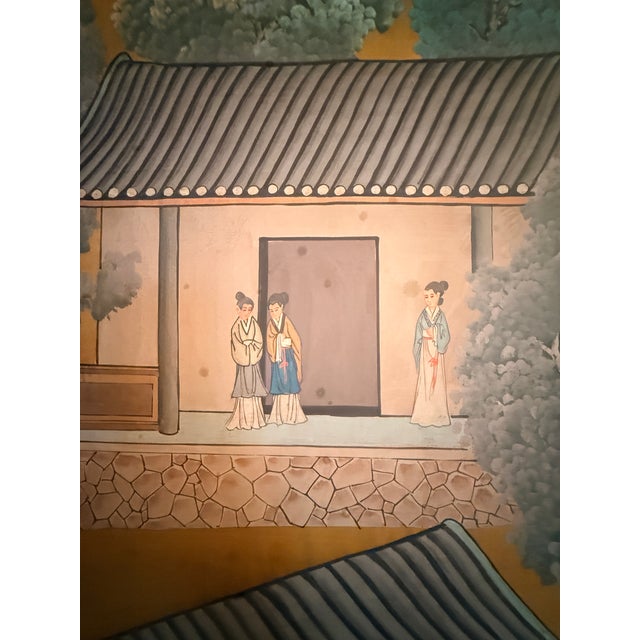 Wood Antique Six Panel Watercolor Floor Screen For Sale - Image 7 of 15