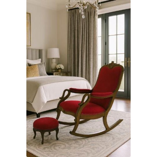 This beautifully restored vintage rocking chair and footstool set brings together heirloom craftsmanship and fresh,...