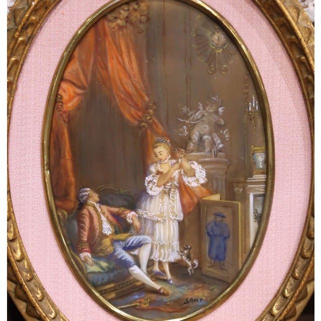 Pair Mid-Century French Painted Genre Scene Oval Glass Pendants in Gilt Frames For Sale - Image 4 of 11