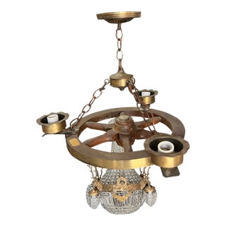 Vintage Wooden and Brass Captains Wheel Chandelier For Sale