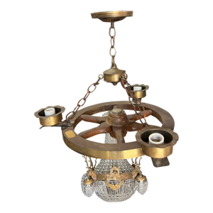 Vintage Wooden and Brass Captains Wheel Chandelier
