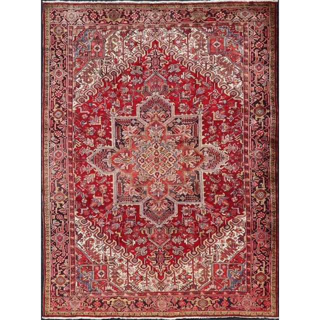 Vintage Heriz With Geometric Diamond Design in Reds, Ivory, Blue, Light Yellow Green & Charcoal For Sale - Image 13 of 13