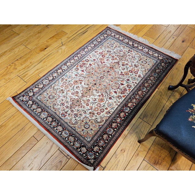 Textile Vintage Persian Qum Area Rug, Hand-Knotted Silk, Floral Pattern, Ivory & Navy, 3x5 For Sale - Image 7 of 18