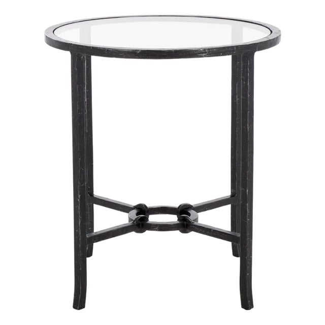 Tauri Metal Round Accent Table in Black with Glass Top For Sale