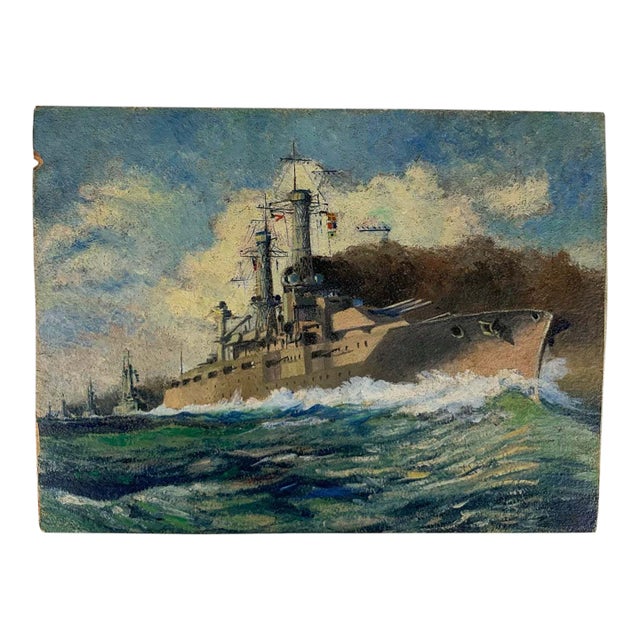 Vintage Oil Painting Naval Battle Ships Seascape Maritime Nautical Art on Board For Sale