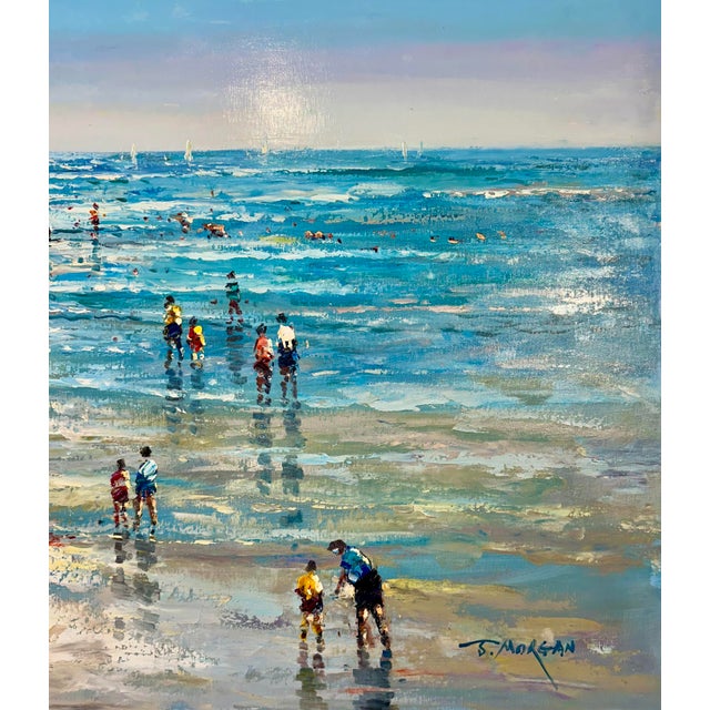Abstract Expressionism Beach Day Ocean Scene With Figures in Surf, Original Painting by J. Mogan For Sale - Image 3 of 5